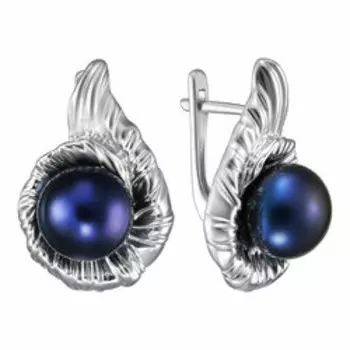 Серебряные серьги с черным жемчугом "Цветы"