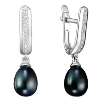 Серебряные серьги с черным жемчугом и фианитами