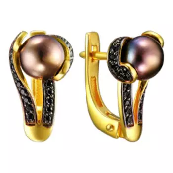 Серебряные серьги с черным жемчугом и фианитами