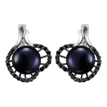 Серебряные серьги с черным жемчугом и шпинелью