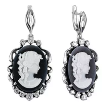 Серебряные серьги с черными агатами Камея и фианитами