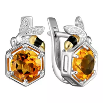 Серебряные серьги с цитринами, фианитами и эмалью "Пчелки"