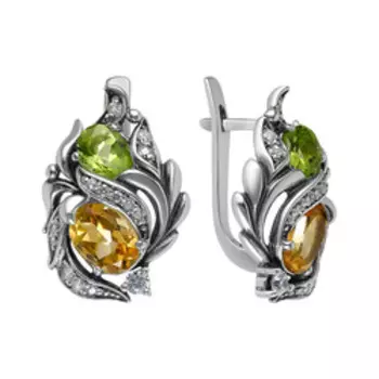 Серебряные серьги с цитринами, хризолитами и фианитами