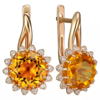 Серебряные серьги с цитринами и фианитами "Цветы"