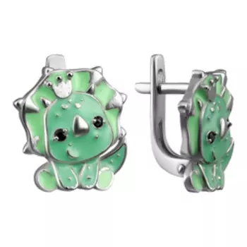 Серебряные серьги с фианитами и эмалью "Динозаврики"