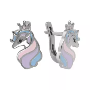 Серебряные серьги с фианитами и эмалью "Единорог"