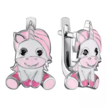 Серебряные серьги с фианитами и эмалью "Единороги"