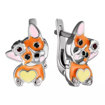 Серебряные серьги с фианитами и эмалью "Корги"