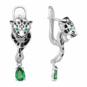 Серебряные серьги с фианитами и эмалью "Пантеры"
