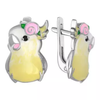 Серебряные серьги с фианитами и эмалью "Попугайчики"