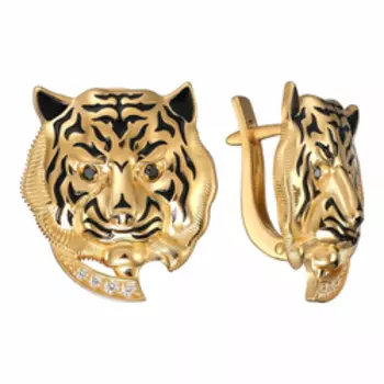 Серебряные серьги с фианитами и эмалью "Тигры"