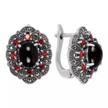 Серебряные серьги с гранатами, ониксами и марказитами
