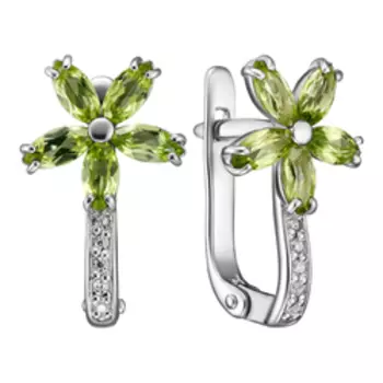 Серебряные серьги с хризолитами и фианитами "Цветы"