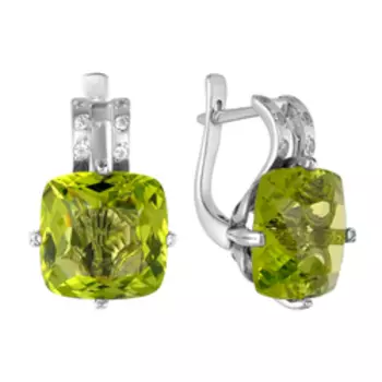 Серебряные серьги с хризолитовым кварцем и фианитами