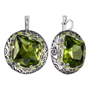 Серебряные серьги с хризолитовым кварцем и фианитами