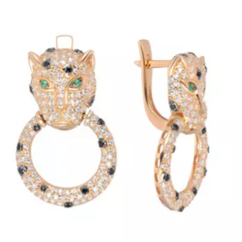 Серебряные серьги с изумрудами, шпинелью и фианитами "Гепарды"