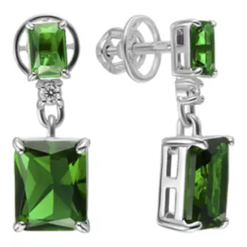 Серебряные серьги с изумрудным кварцем и фианитами