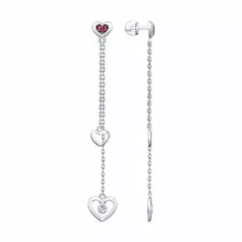 Серебряные серьги с корундами и фианитами "Сердца"