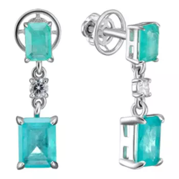 Серебряные серьги с кварцем Параиба, горным хрусталем и фианитами