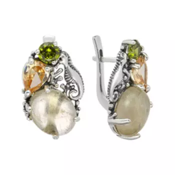 Серебряные серьги с кварцем волосатиком и фианитами "Морской конек"