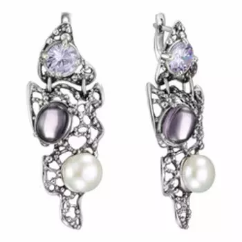 Серебряные серьги с кварцем, жемчугом и фианитами