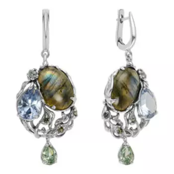 Серебряные серьги с лабрадорами и фианитами