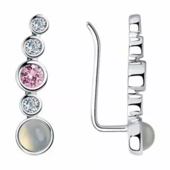 Серебряные серьги с лунными камнями и фианитами