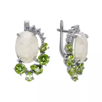 Серебряные серьги с молочныим кварцем, хризолитами и фианитами