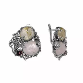 Серебряные серьги с морганитами, кварцем волосатиком и фианитами