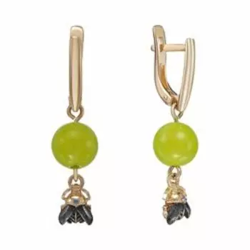 Серебряные серьги с оливковым агатом и фианитами "Жуки"