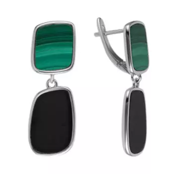 Серебряные серьги с ониксами и малахитами