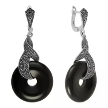 Серебряные серьги с ониксами и марказитами