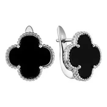 Серебряные серьги с ониксами "Клевер"