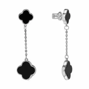 Серебряные серьги с ониксом "Четырехлистник"