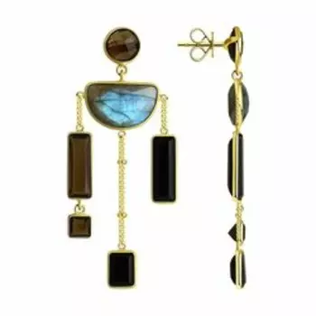 Серебряные серьги с ониксом, лабрадоритами и кварцем