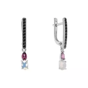 Серебряные серьги с натуральным опалами, родолитами и шпинелью