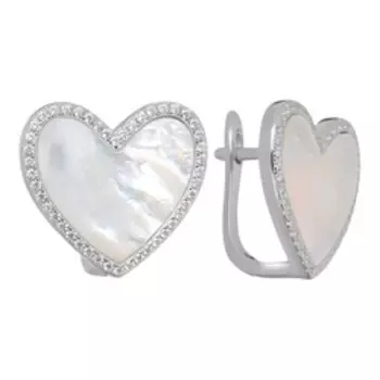 Серебряные серьги с перламутром и фианитами "Сердце"