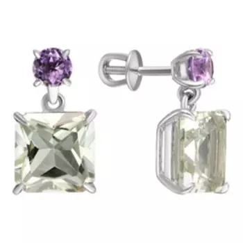 Серебряные серьги с празиолитами и аметистами