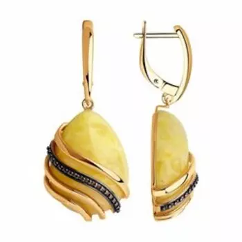 Серьги из золочёного серебра с янтарём и фианитами