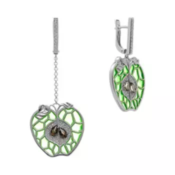 Серебряные серьги с раухтопазами и эмалью "Яблоко"