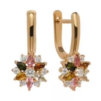 Серебряные серьги с разноцветными турмалинами и фианитами "Цветок"