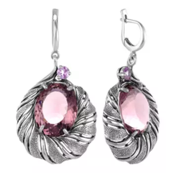 Серебряные серьги с родолитовым кварцем и фианитами