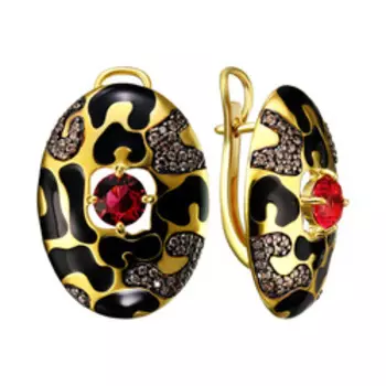 Серебряные серьги с рубеллитами, фианитами и эмалью