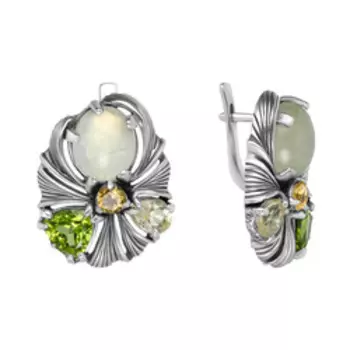 Серебряные серьги с самоцветами "Цветы"