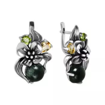 Серебряные серьги с самоцветами "Цветы"