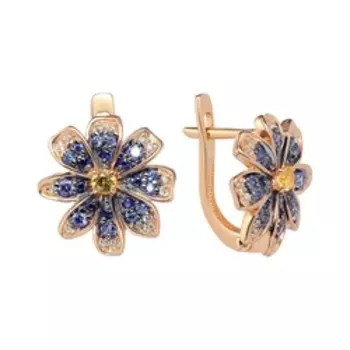 Серебряные серьги с сапфирами и фианитами "Цветы"