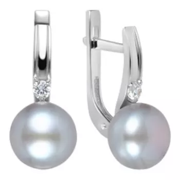 Серебряные серьги с серым жемчугом и фианитами