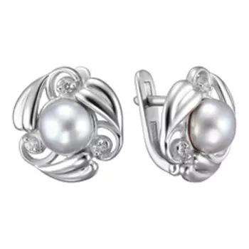 Серебряные серьги с серым жемчугом и фианитами