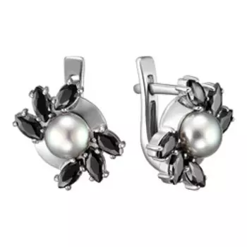 Серебряные серьги с серым жемчугом и фианитами
