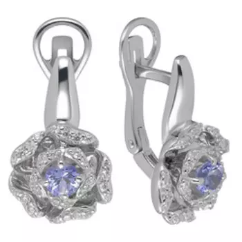 Серебряные серьги с танзанитами и фианитами "Цветы"